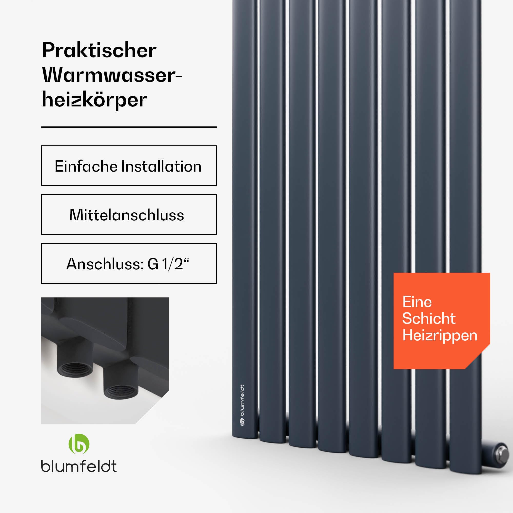Blumfeldt Badkamerradiator, design radiator, plat, zuinige platte radiator, verticaal, 733 watt, warm water, wandradiator voor badkamer en woonkamer, stille verticale radiator met thermostaat