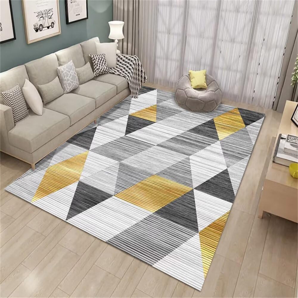 Tapis de salon géométrique gris-jaune 80x160cm sur mesure pour decoration de chambre adulte