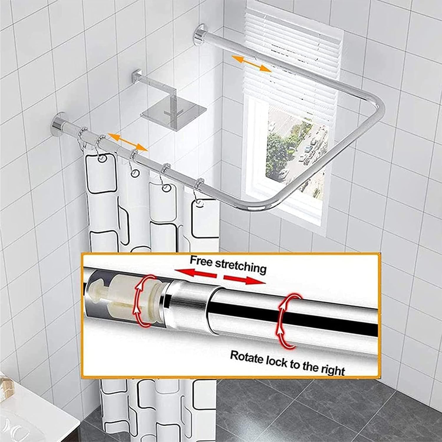 Shower Curtain Rod Rack,Corner Bathroom Shower Curtain Rod, U Shaped Shower Curtain Rail Rod Telescopic Shower Curtain Pole 201 Stainless Steel Curved Shower Curtain Rod Bath Curtain Rail B