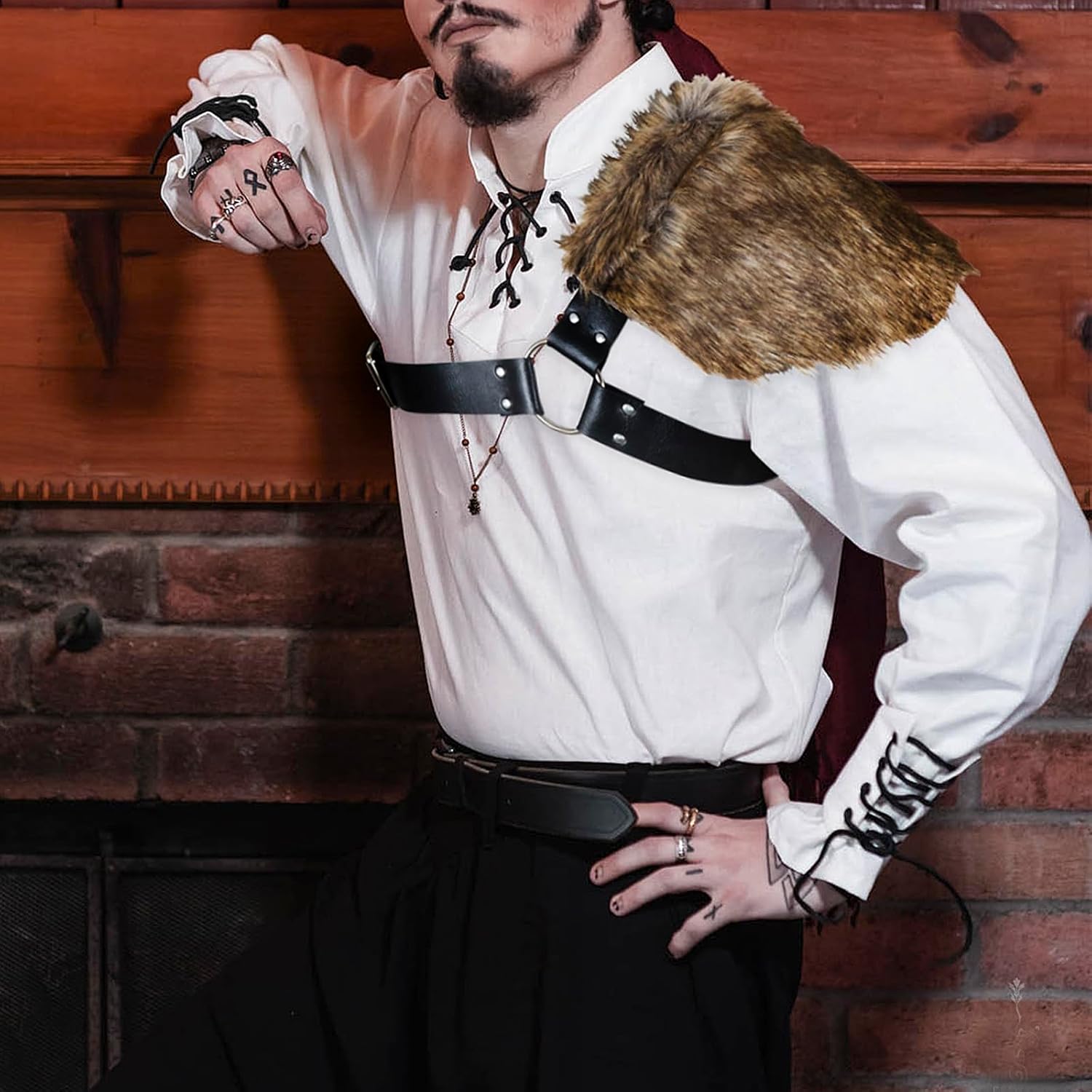 Clobeau Men's Viking Faux Fur One Shoulder Armor Medieval Fur Shoulder Wrap with Leather Belt Medieval Viking Costume Accessory - Image 6