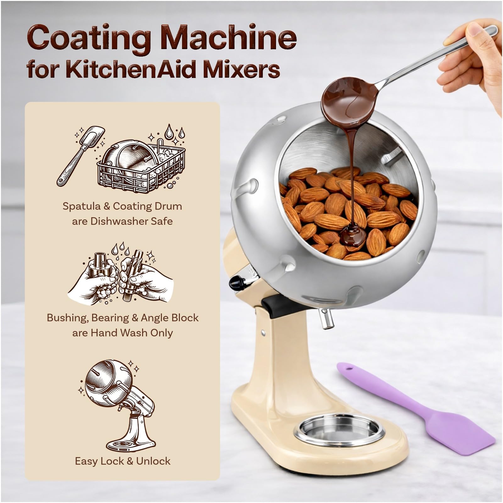 Przystawka do Maszyny Powlekającej ze Stali Nierdzewnej dla KitchenAid 4.5QT & 5QT Miksery z Uchylną Głowicą do MMOBIEL – Maszyna do Powlekania Orzechów, Czekolady, Owoców Liofilizowanych & Przekąsek