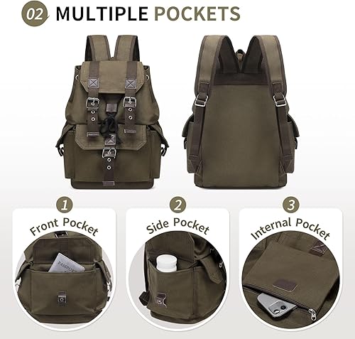 Miniatura 4 de Mochila de lona vintage para hombres y mujeres, mochila casual duradera, mochila de viaje de gran capacidad para senderismo y uso diario (verde)