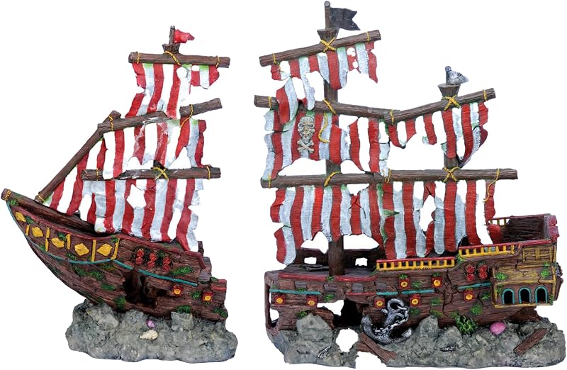 Penn-Plax Deco-Replicas Decoración de acuario de naufragio de vela a rayas - Seguro para tanques de peces de agua dulce y salada - Grande - 2 piezas