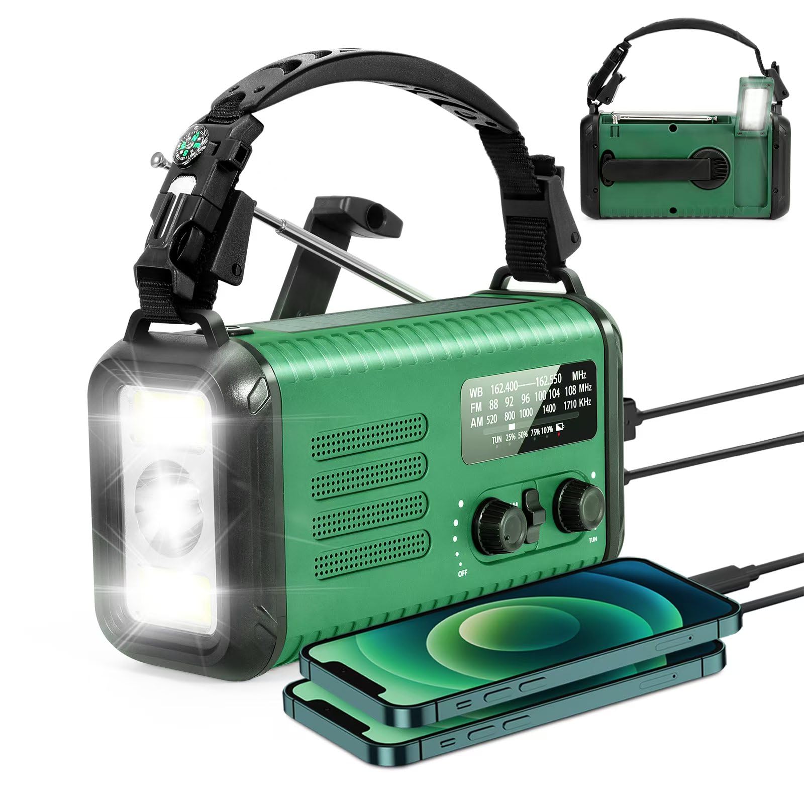 Radio solaire d'urgence 20 000 mAh avec manivelle, radio météo NOAA et chargeur USB – Banque d'alimentation portable, lampe de poche LED, alarme SOS (vert kaki)