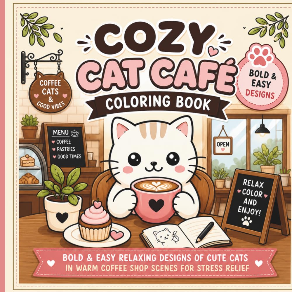 Cozy Cat Café Coloring Book for adults: Bold and Easy Cute Cat Barista Scenes in Cozy Coffee Shop Interiors for Stress Relief, Relaxation, and Mindful Creativity