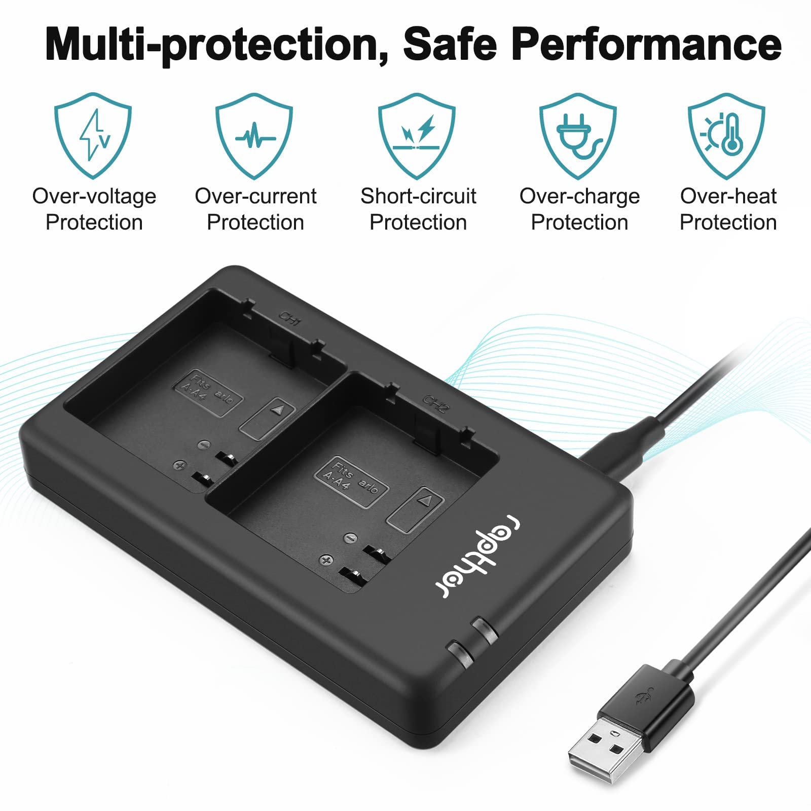 Rapthor Confezione da 2 batterie di ricambio da 4950 mAh con caricabatterie per fotocamere Arlo | Compatibile con Arlo Pro 4, Pro 3, Ultra 2 e Ultra; batterie al litio ricaricabili da 3,85 V per telecamere di sicurezza