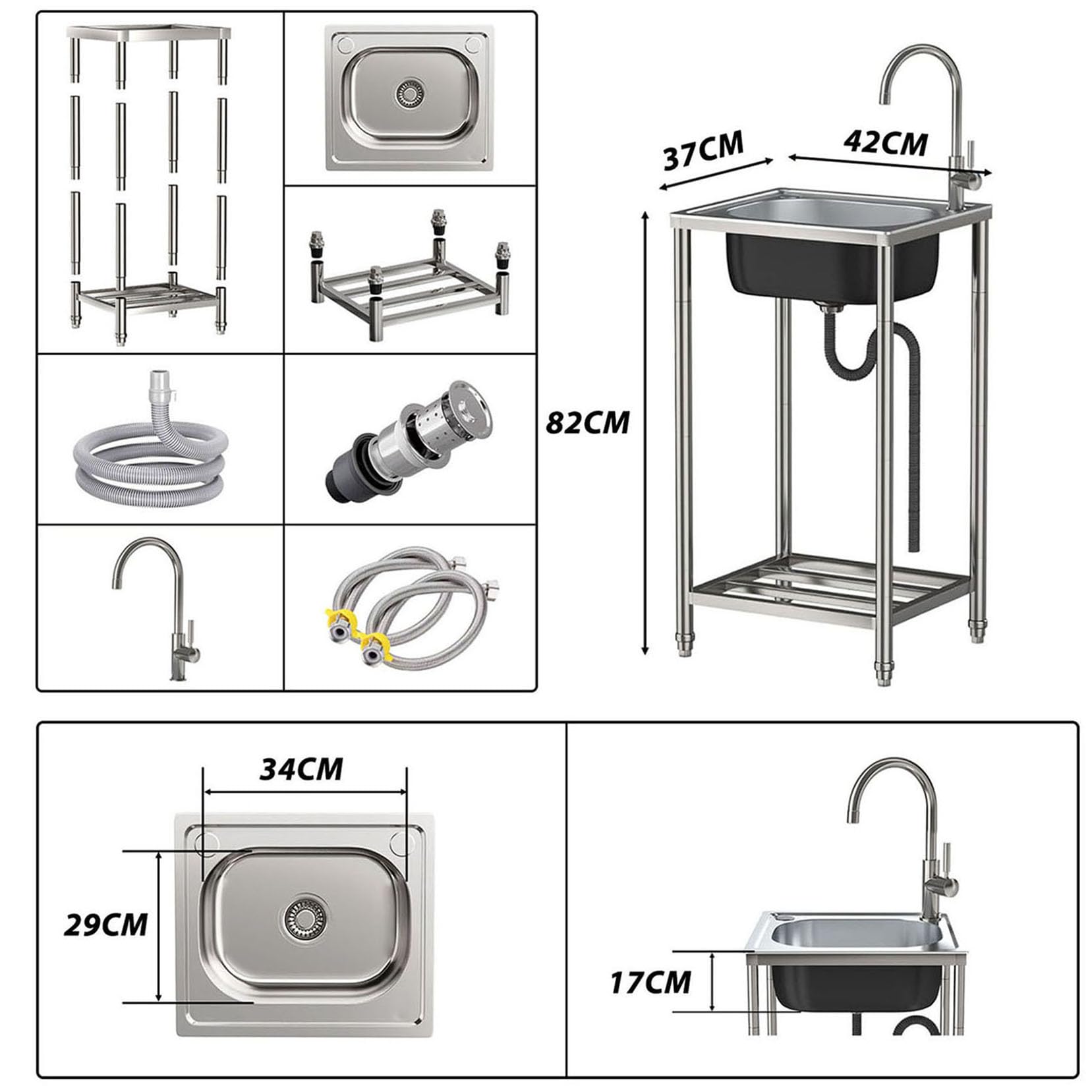 Fregadero De Cocina Exterior/Jardin Mueble Fregadero De Acero Inoxidable | Portatil Lavamanos Industriales con Grifo Estante Y Escurridor Pila De Lavar Para Garajes/Lavanderías/Restaurantes Comercial