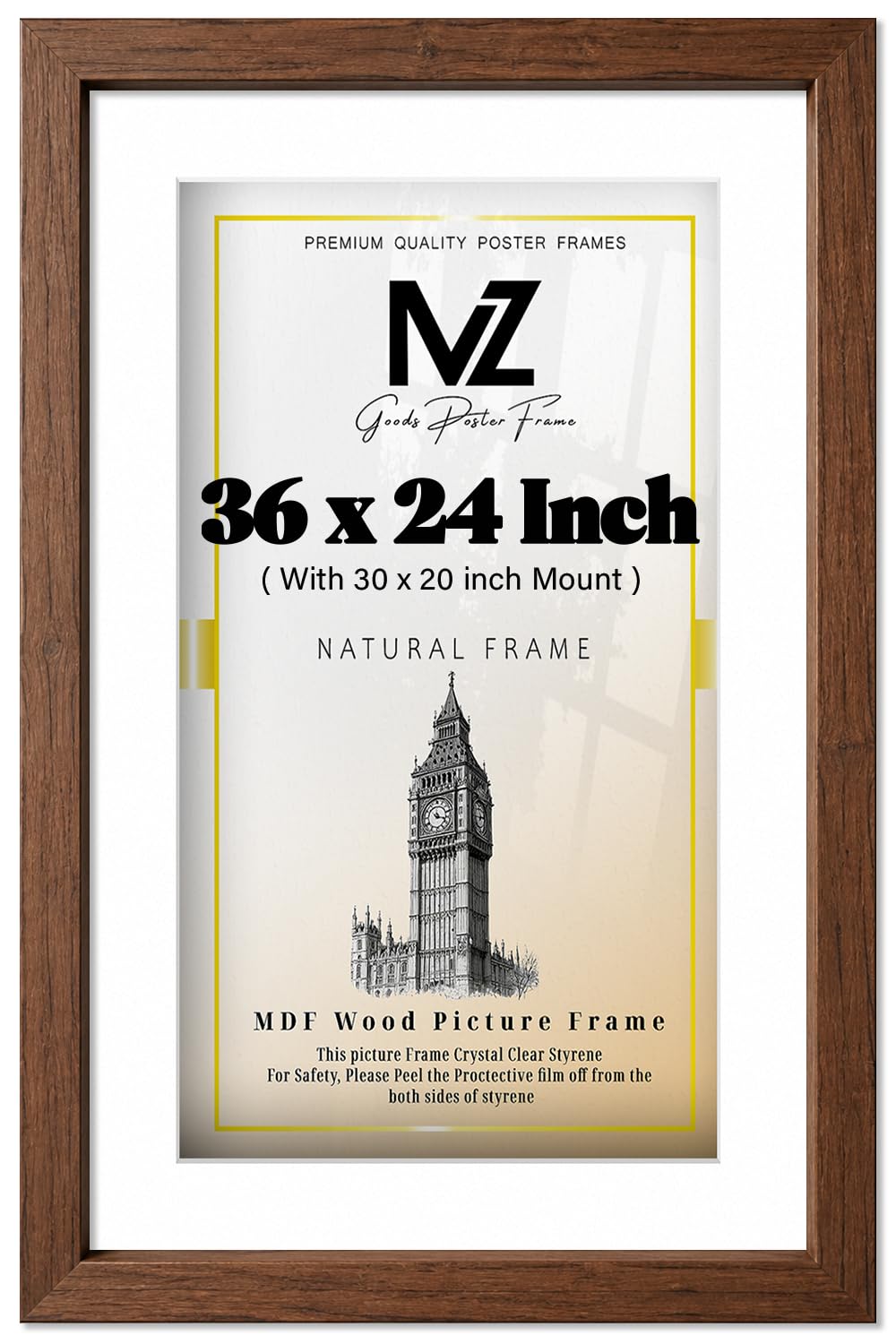 MZ GOODS | Rectangle (91.44 x 60.96 cm) with 76.20 x 50.80 cm White Mount Eton Wood Dark Oak Frame – 36 x 24 Frame [ Dark Oak ]
