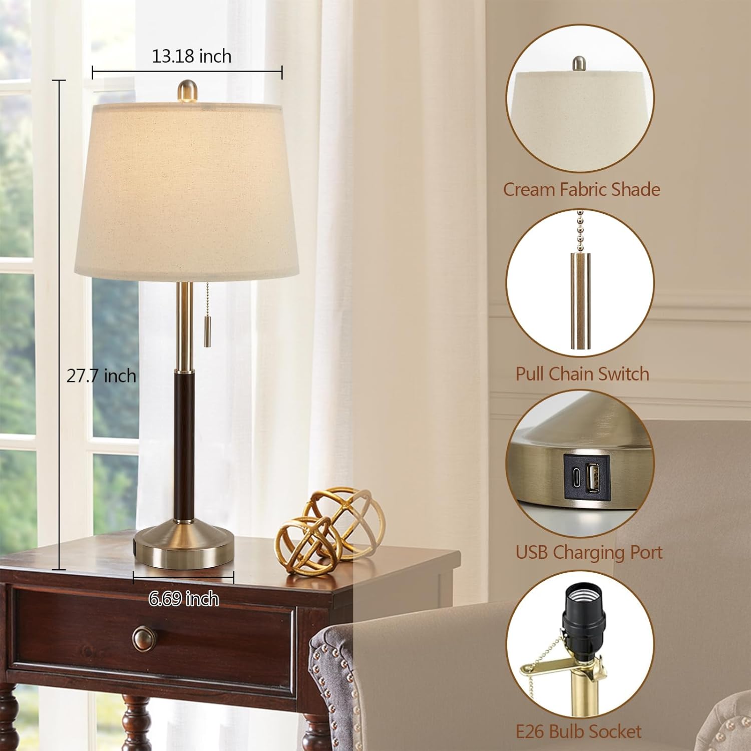 28" Silver Bedside Lamps Set of 2 for Bedroom - Modern Table Lamp with USB Charging Port for Living Room End Table - Mid Century Modern Lamp with 3-Way Dimmable and Pull Chain Switch