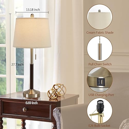 Miniatura 3 de Juego de 2 lámparas de noche plateadas de 28 pulgadas para dormitorio, lámpara de mesa moderna con puerto de carga USB para mesa auxiliar de sala de