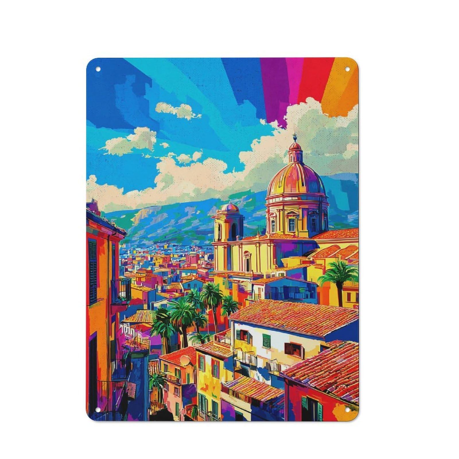 Junmoney Colorful Cityscape With Dome Classic Metal Plaque 40X30cm Featuring Bistro Wall Plaque For Kitchen, Cafe, Pantry Or Dining Room