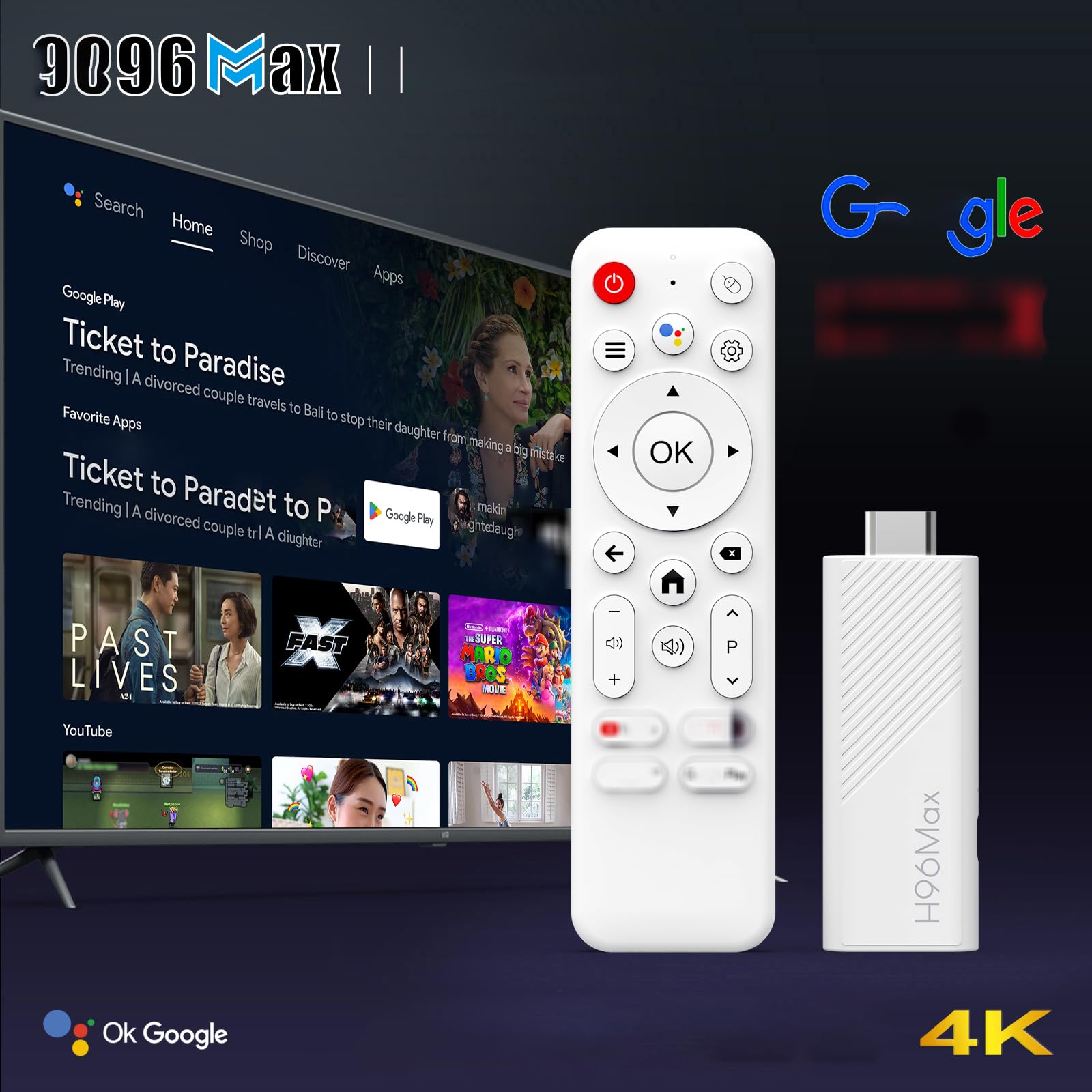 H96 MAX Android 14.0 TV Stick 16GB ATV Quad-Core WiFi6 2.4G/5.8Ghz BT5.0 4K AV1 Ultra HD Lettore di controllo vocale Smart Home