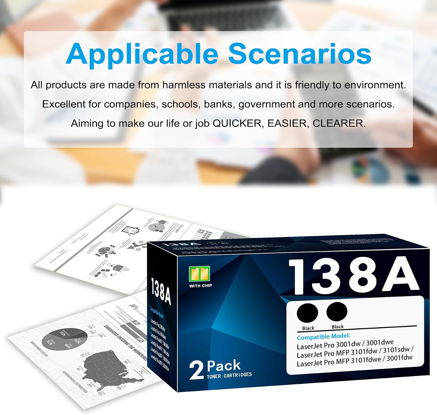 138A Toner Cartridge (Black,2-Pack) Replacement for HP 138A 138X W1380X Work with Laser Jet Pro 3001dw, 3001dwe, 3001fdw, MFP 3101fdw, 3101fdwe , 3101sdw Series Printer Ink (W1380A Toner Cartridge)