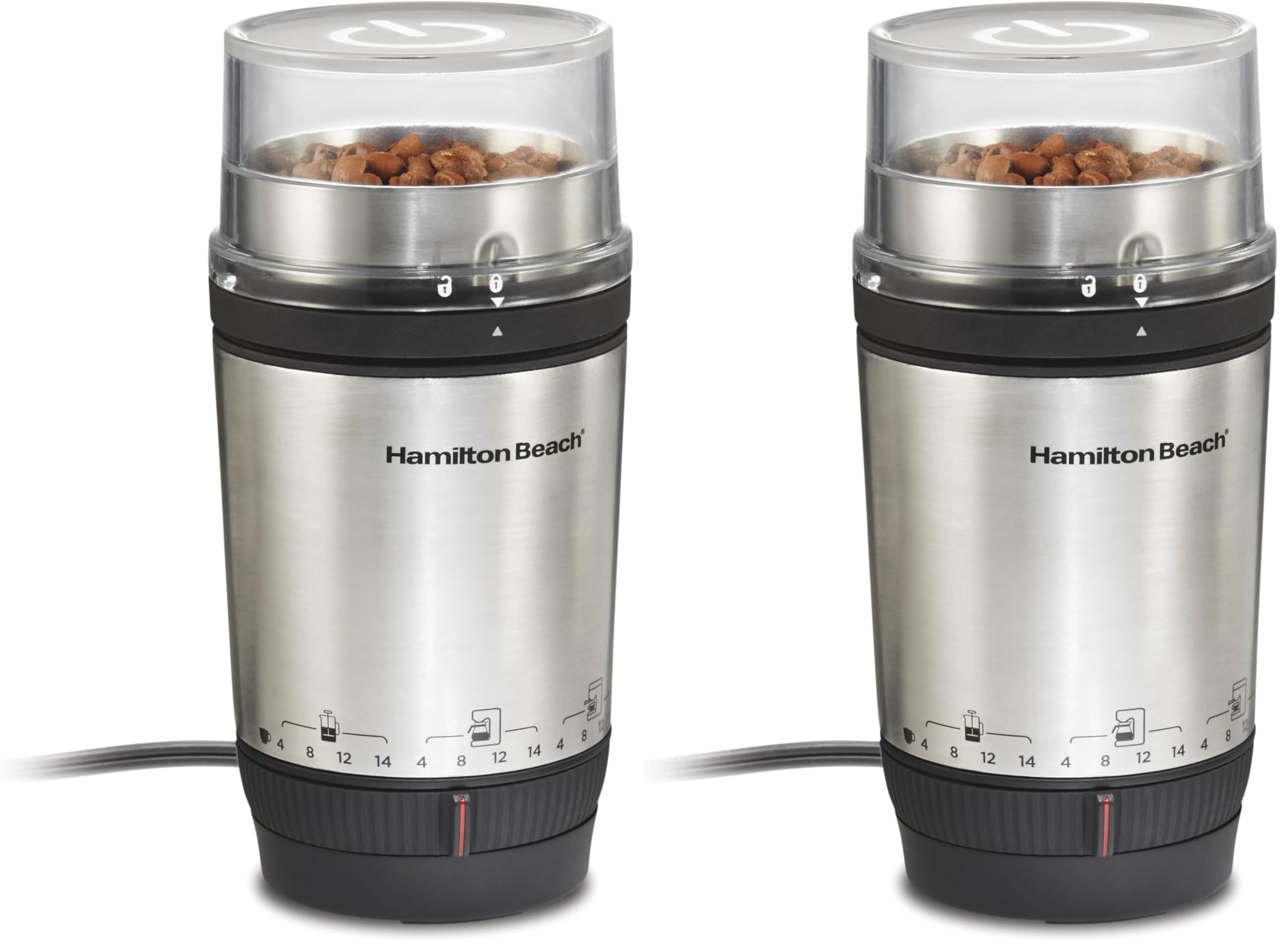 Hamilton Beach Custom Grind Electric Coffee Grinder for 4-14 Cups, One-Press Hand-Free Operation with Auto Shutoff, Removable Grinding Bowl For Easy Pour and Clean, Stainless Steel (80406) (Pack of 2)
