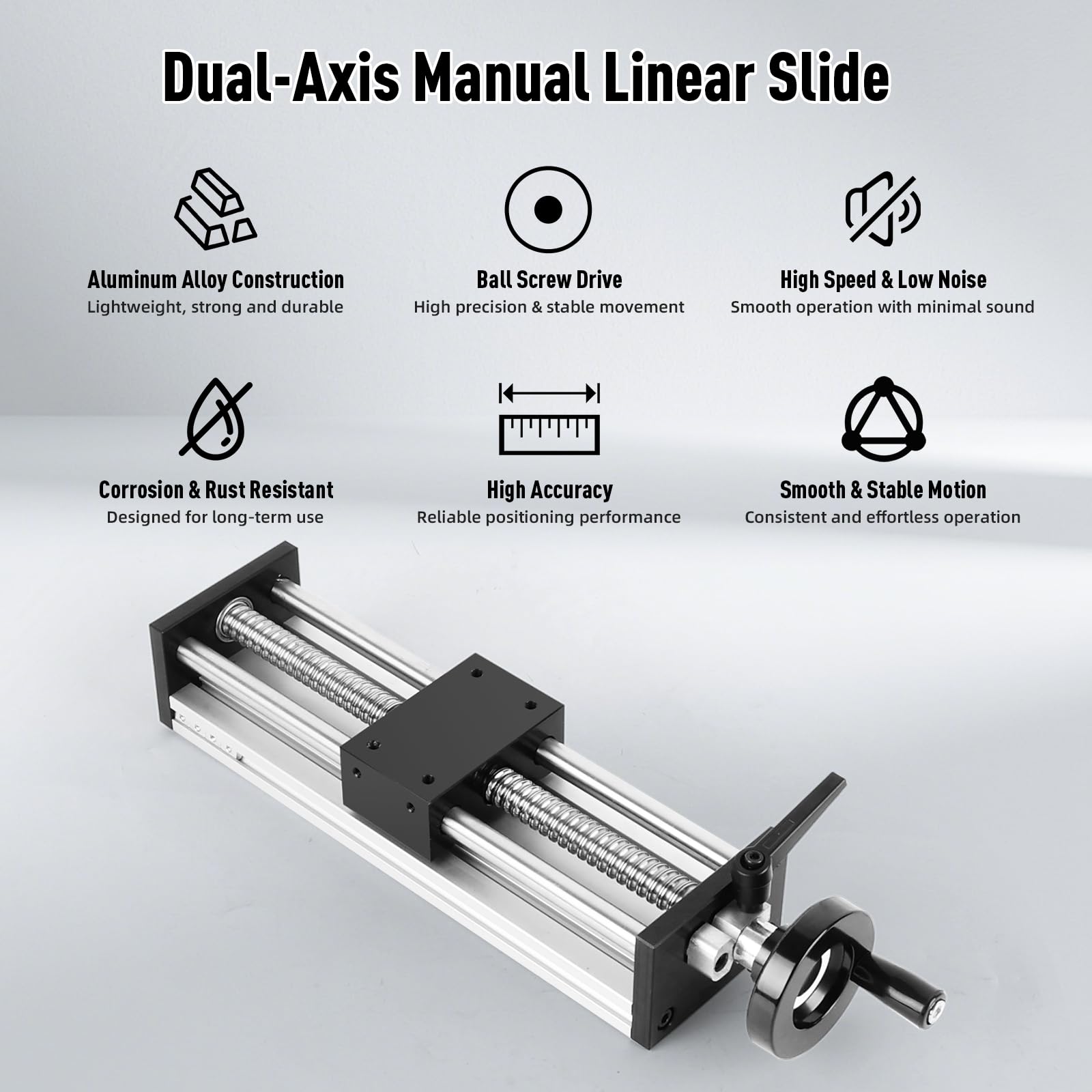 Guida Lineare con Volantino, Guidaggio Lineare Manuale con Blocco, Corsa 200 mm, Vite a Sfere ±0,05 mm, Doppia Barra di Guidaggio per CNC, Tavola Lineare X-Y-Z