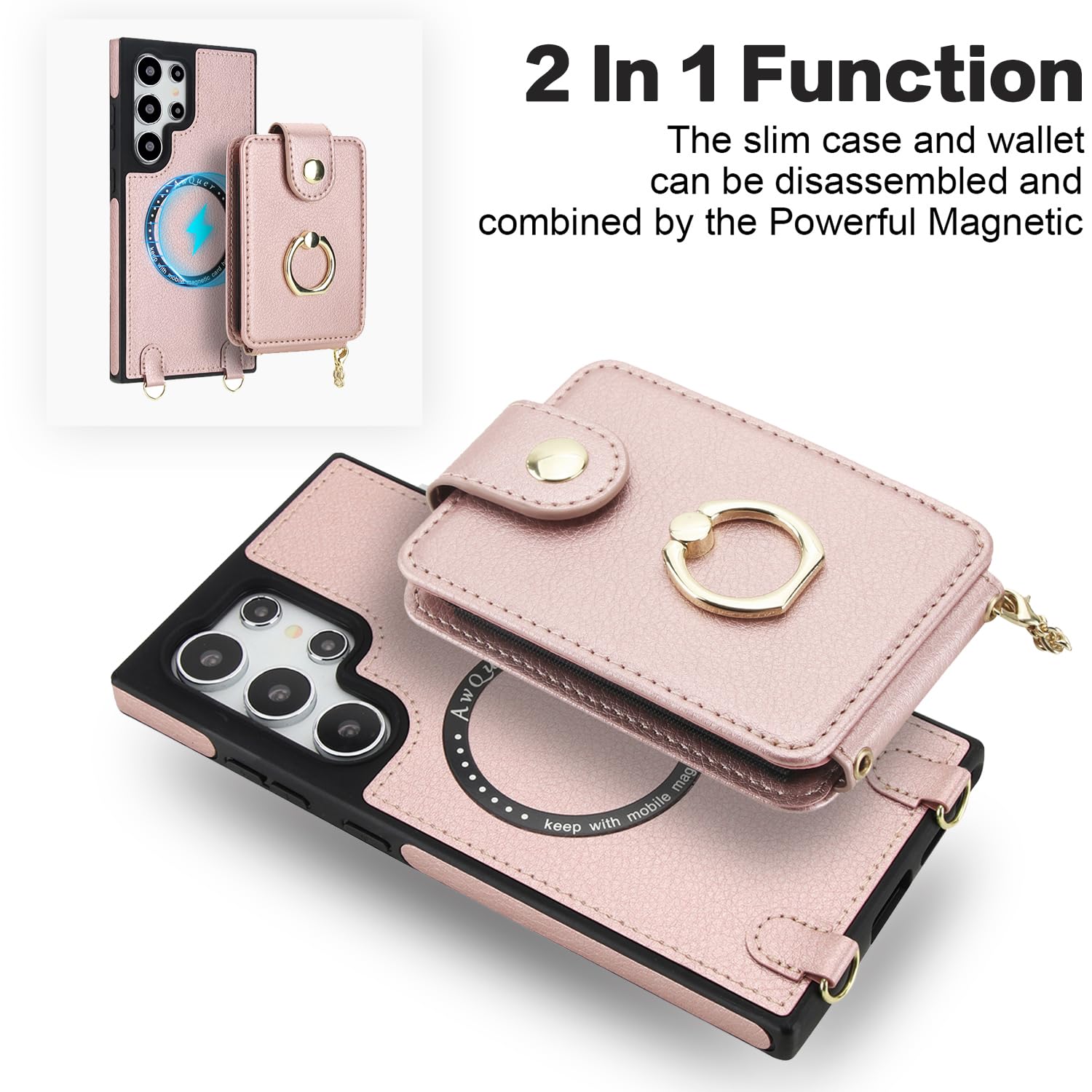 Custodia a portafoglio per Samsung Galaxy S24 Ultra 5G, chiusura magnetica rimovibile, con anello, cavalletto a tracolla, compatibile con MagSafe RFID Blocking S24Ultra, da donna, oro rosa