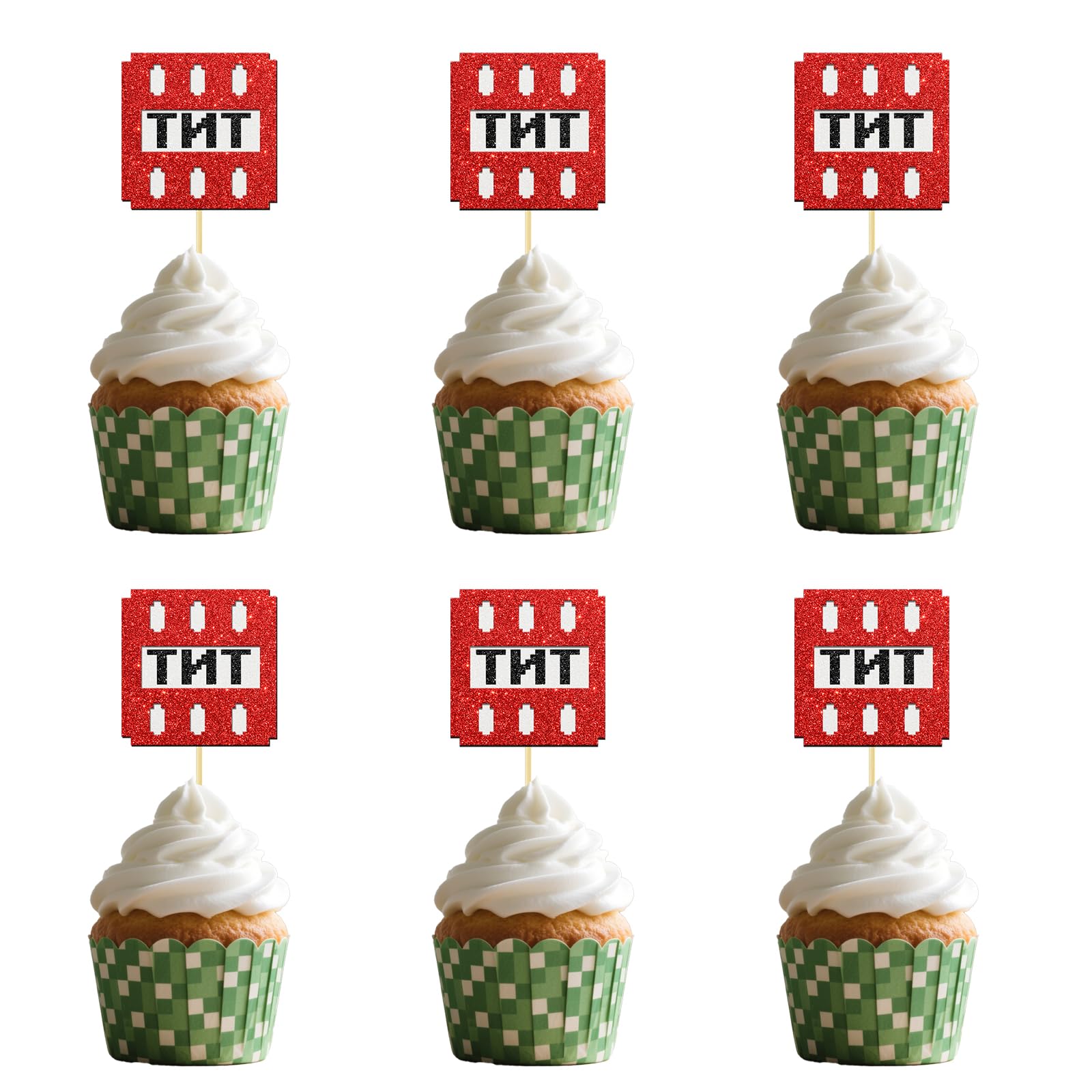 24 Pcs Pixel Happy Birthday Cupcake Toppers Pixel Style Cake Picks Decorations for Birthday Kids Boy and Girl Red Black