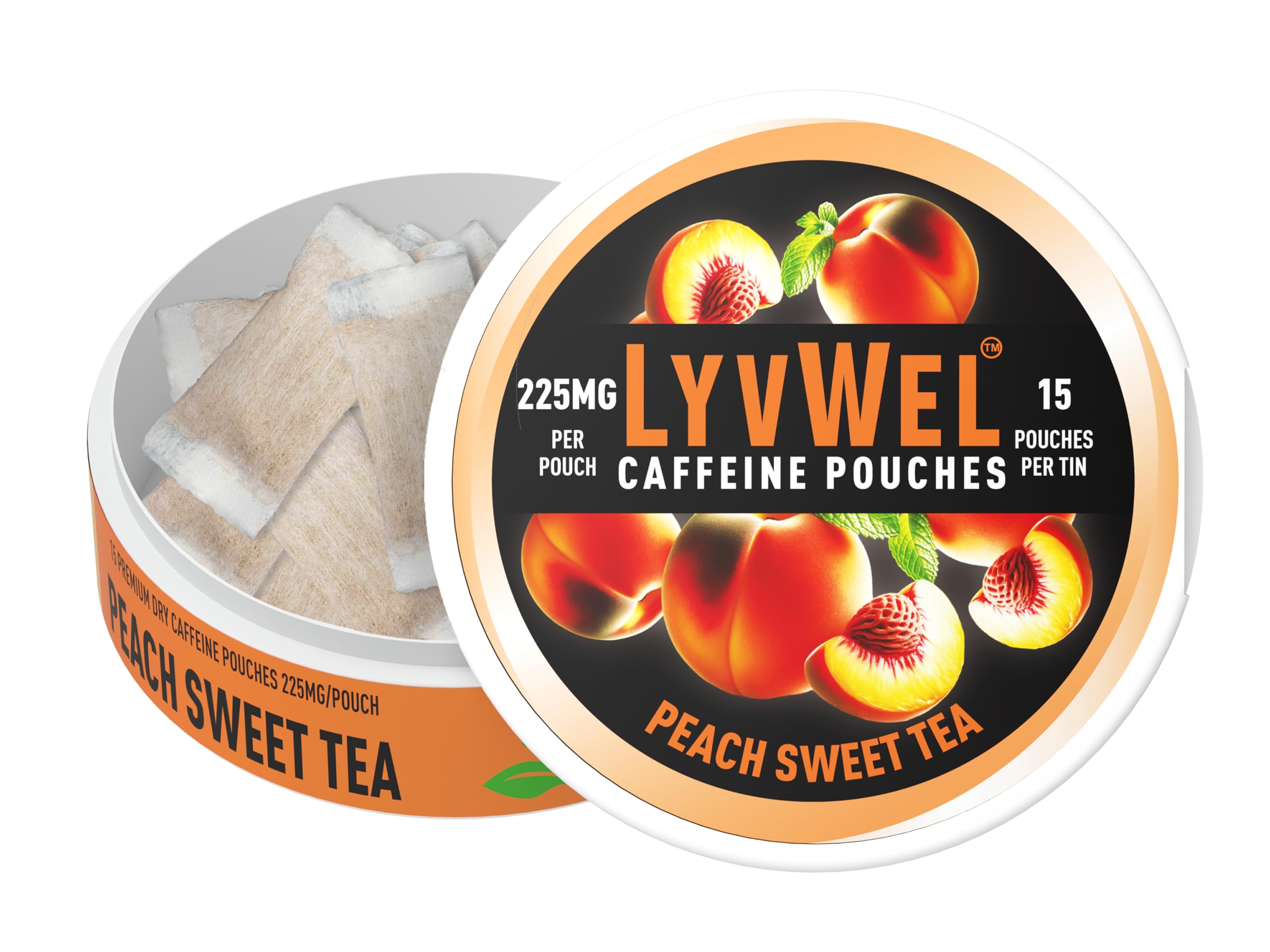 LyvWel 225mg Caffeine Energy Pouches | Nootropic Focus & Neuro Support | Tobacco-Free, Nicotine-Free, Quick Energy Solution | 15 Pouches (1 Pack, Peach Sweet Tea)