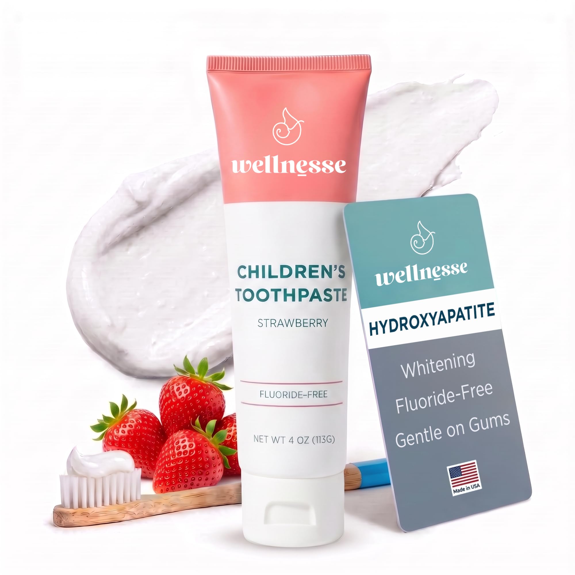 Wellnesse Pasta de dientes de hidroxiapatita para niños, sabor a fresa para niños pequeños y niños, fórmula de xilitol para un cuidado suave del esmalte, blanqueamiento de pasta de dientes, aliento