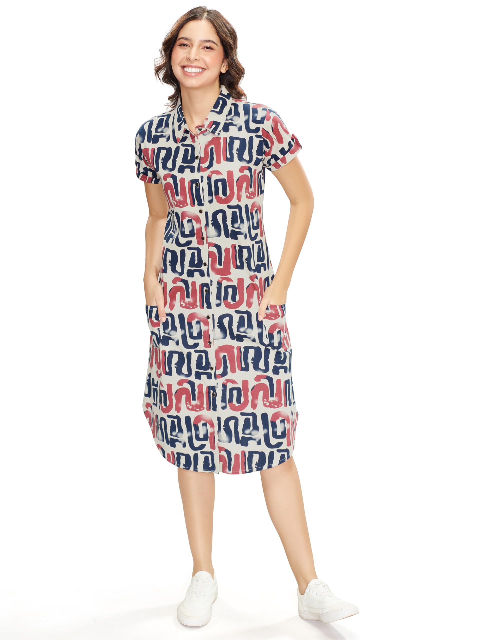 Women's Cotton Geometric Print Button Down Sleep Shirt Knee Length Short NightYY-image-15