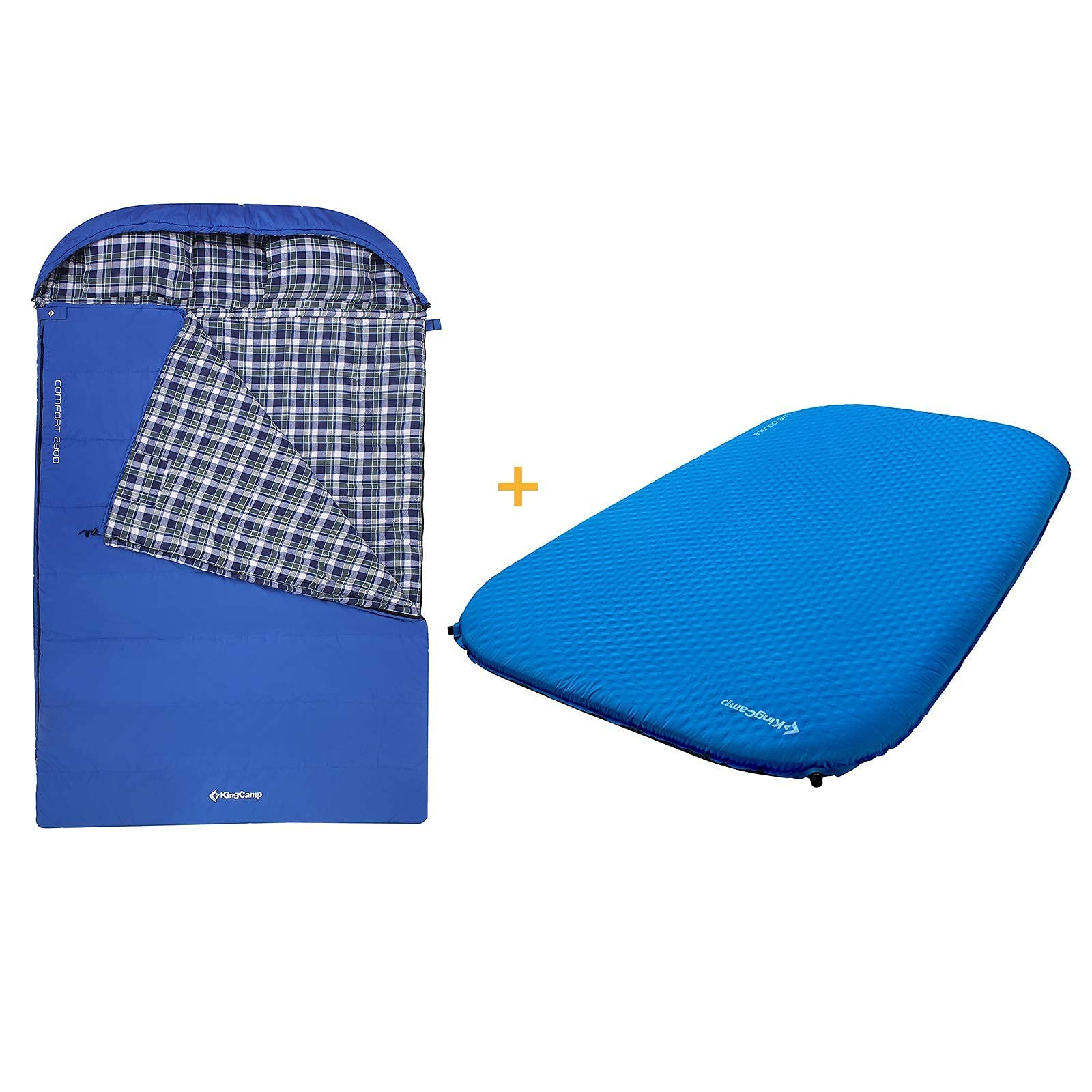 KingCamp Deluxe Thick Self Inflating Camping Sleeping Pad Foam Mat with Cotton Flannel Sleeping Bag for 2 People, Double Use Flannel Sleeping Bag for Camping & Travel