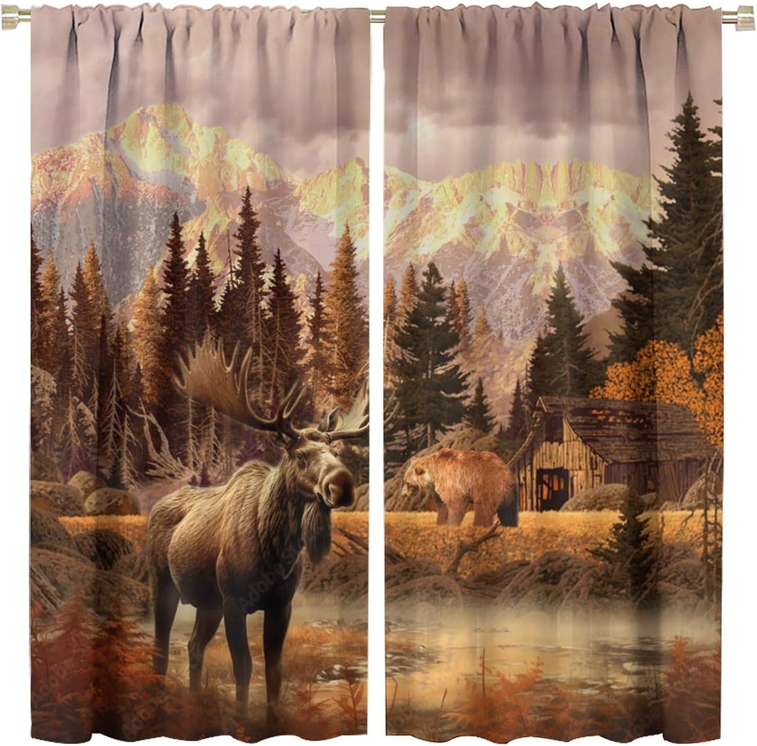 Brebasf Watercolor Forest Elk Blackout Curtains for Bedroom,Rustic Cabin Farmhouse Snowy Mountain Wildlife Bear Room Darkening Window Curtains with Rod Pocket - 2 Panels 45" L x 21" W