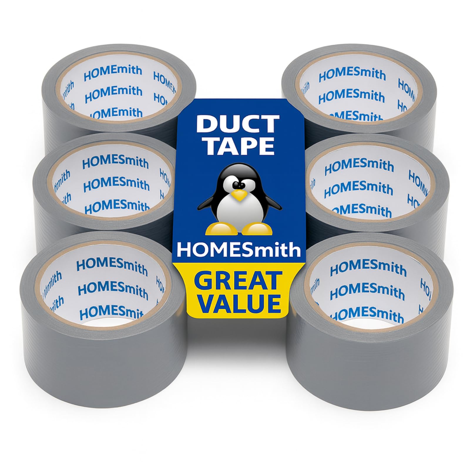 HOMESmith Grey Duct Tape 48mm x 10m – Heavy Duty Waterproof Repair & Insulation Tape – Economy Bulk Pack of 6 Rolls