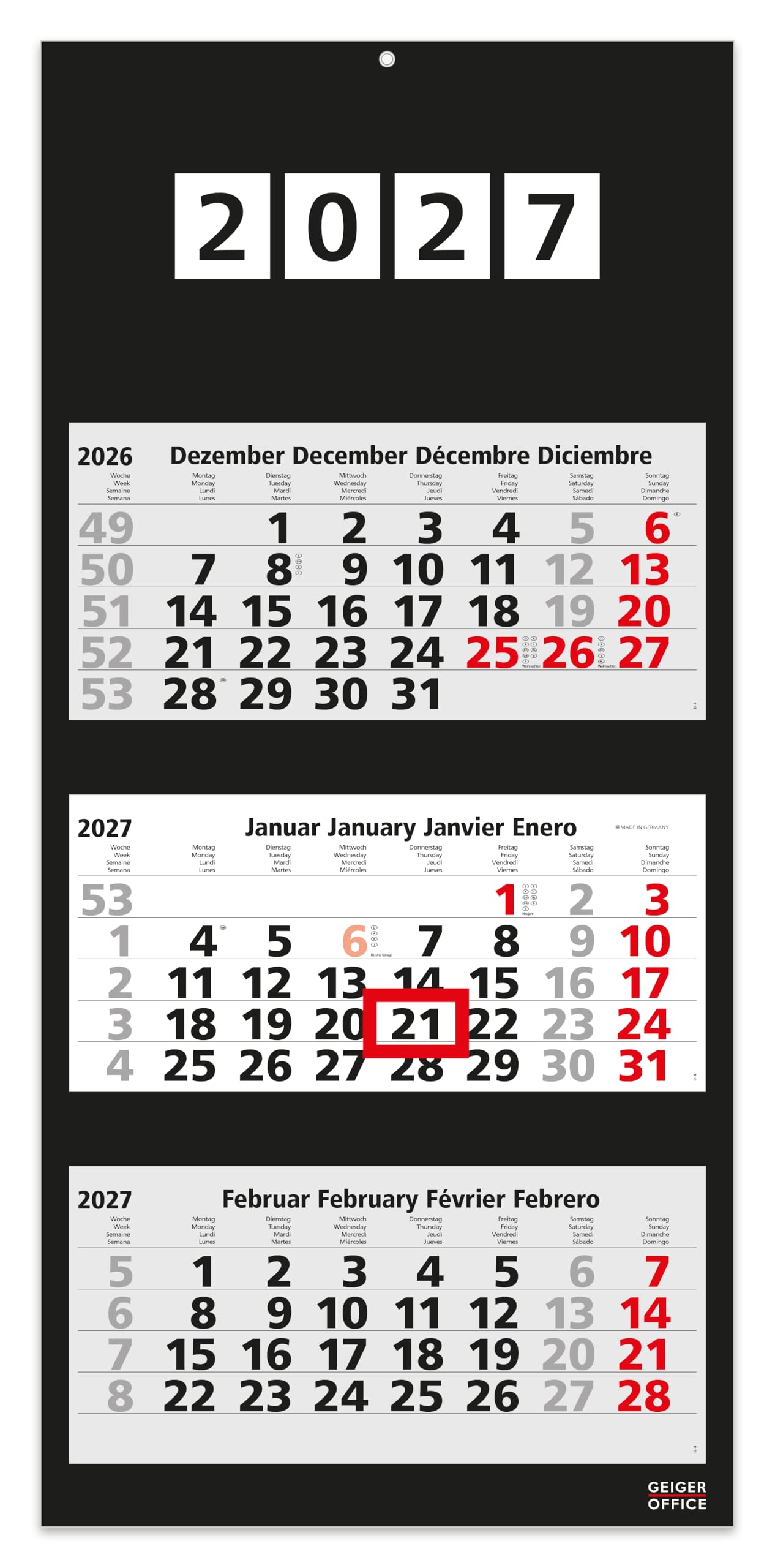 Geiger-Office 3-Month Wall Calendar 2026 Black / 33 x 70 cm Decorative Large Format with 4 Individual Perforated Calendar Blocks Foldable Back Panel/Office Calendar Black