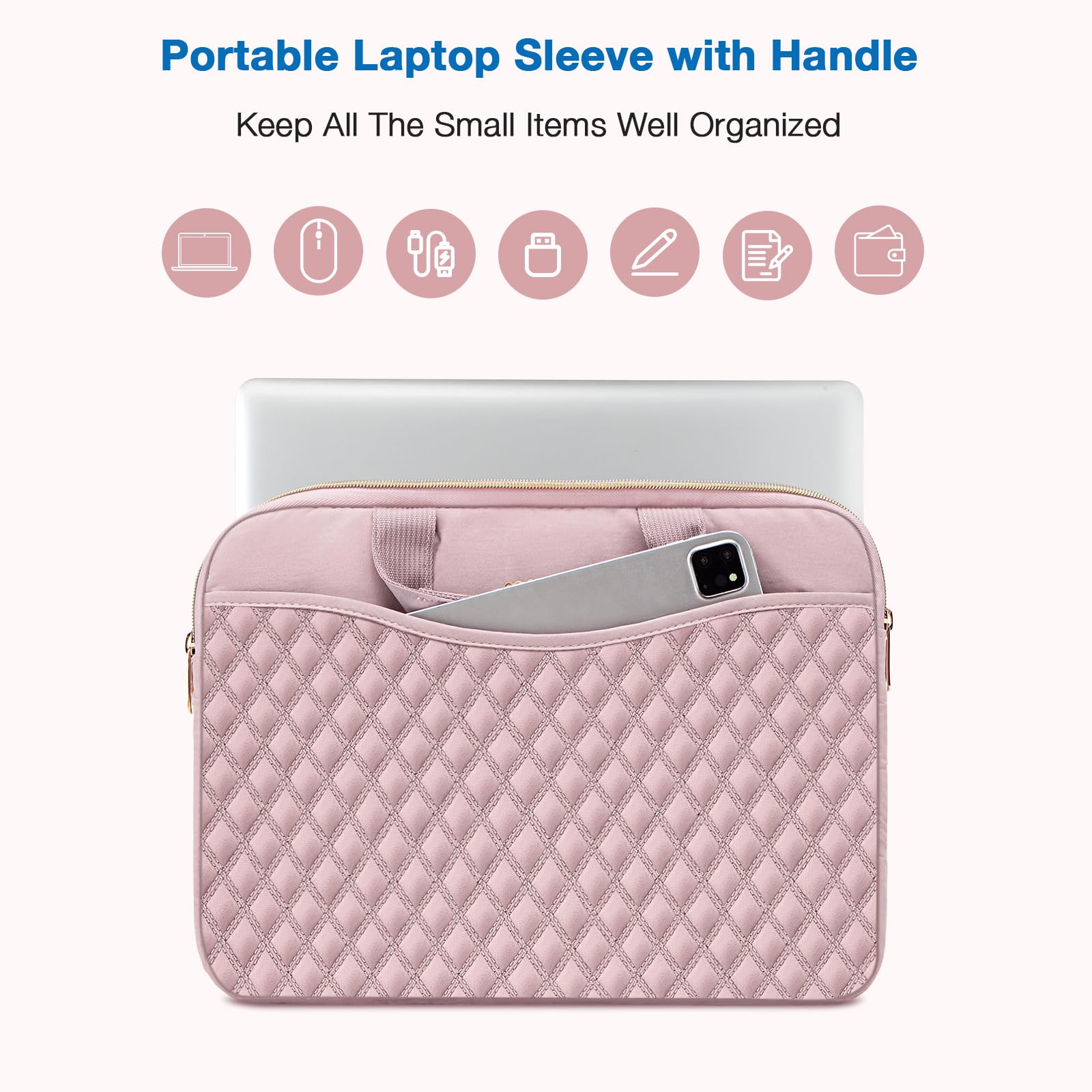 MOSISO 13.3 inch Laptop Case, 13-14 inch Laptop Sleeve Compatible with MacBook Air 13/Pro 13/Pro 14, HP Dell Acer ASUS, Rhombus Quilted Laptop Sleeve Bag with Portable Handle&Pocket&Small Case, Pink