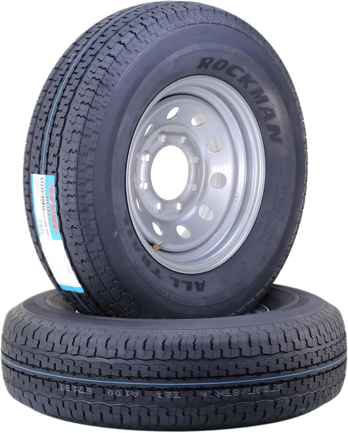 ROCKMAN Trailer Tire Wheel Assembly ST235/80R16 10-Ply E 123M 8 Lug on 6.5" PCD Silver Mod Rim,SET 2