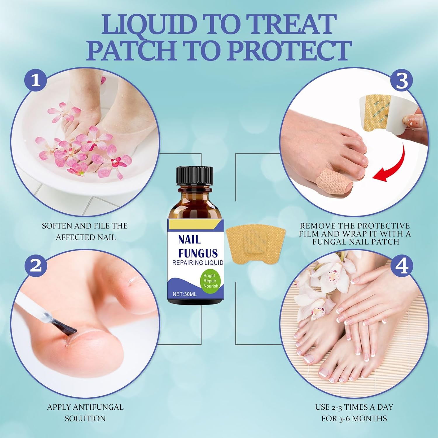 Toenail Fungus Treatment Extra Strength Kit, 30ml Nail Repair Solution and 32 Nail Renewal Patches for Damaged Thick Discolored Toenails and Fingernail - Image 4
