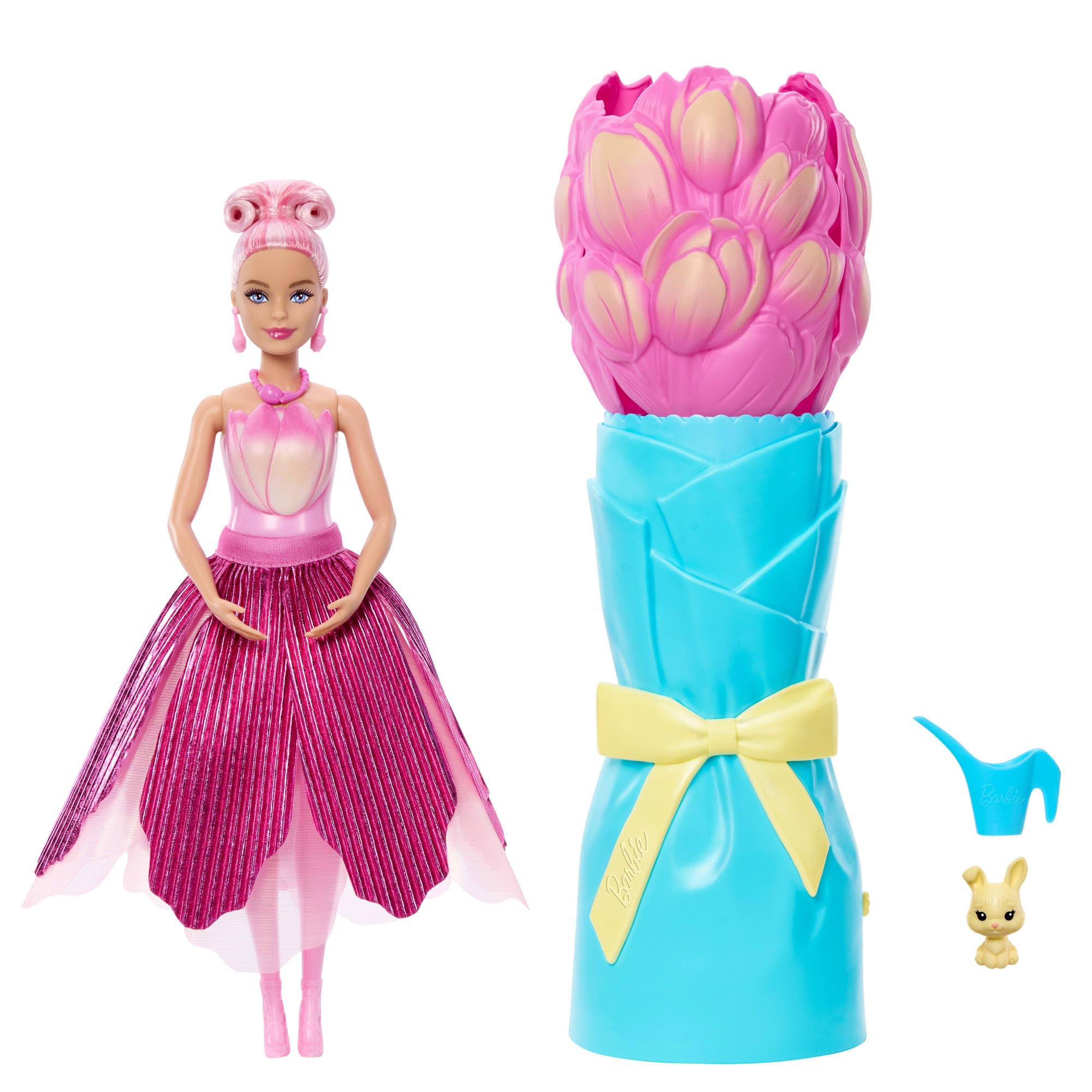 Barbie Petal Pop, bambola profumata con abito tulipano rosa e accessori, sorpresa bouquet con coniglietto e accessori come annaffiatoio, collana e orecchini, JMF57