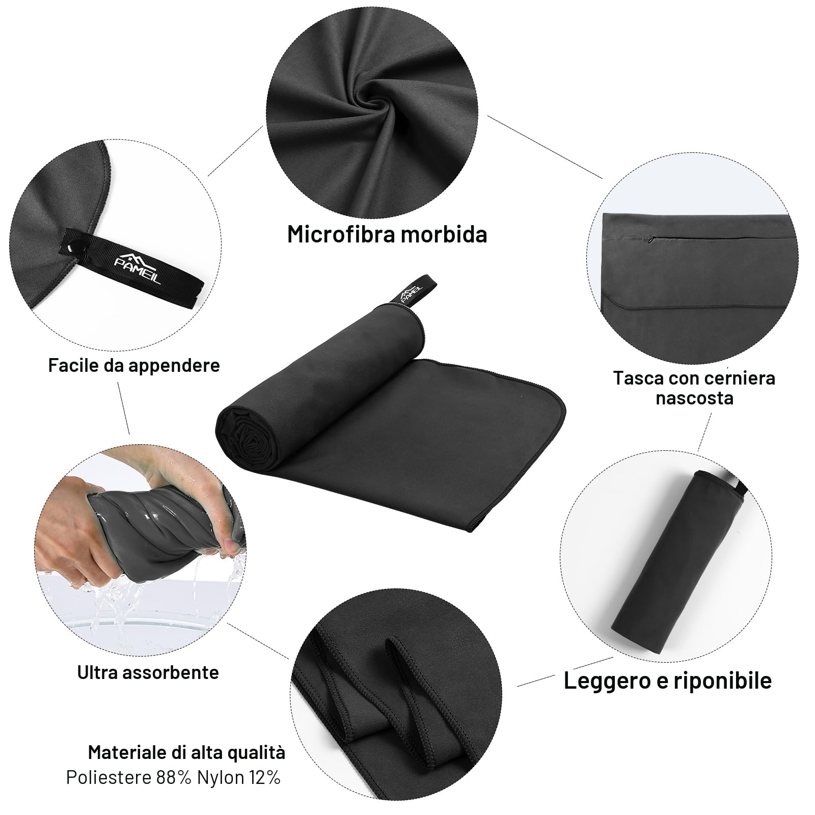 Pameil Asciugamano Palestra | 120x50cm Asciugamano Microfibra Con Tasca Con Cerniera | Asciugatura Rapida, Leggero, Assorbente Asciugamani Mare Microfibra e Asciugamani Palestra Fitness