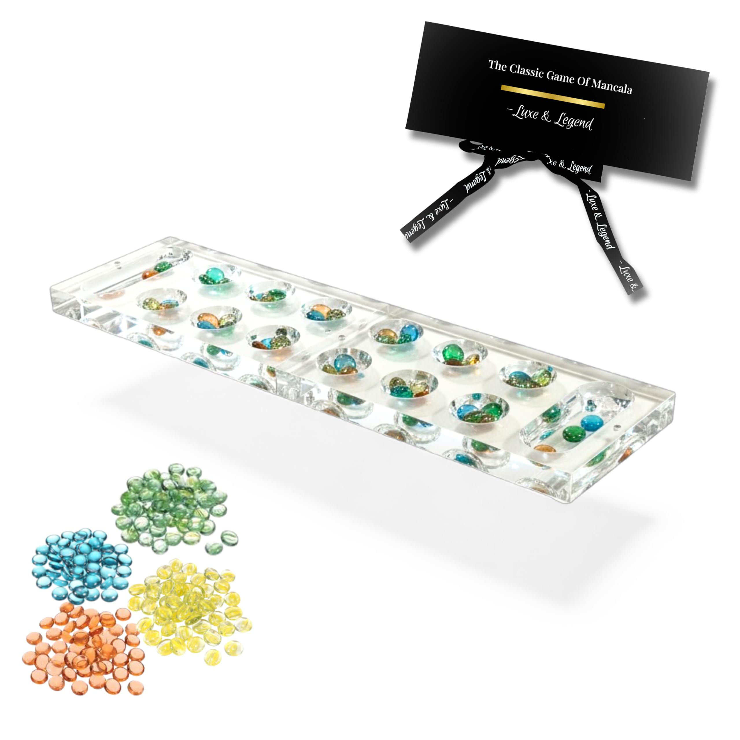 Lucite Mancala Board Game Magnetic Fold – Luxury Acrylic Clear Game Board with Colored Stones, Modern Decorative Family Game Set & Premium Gift Box