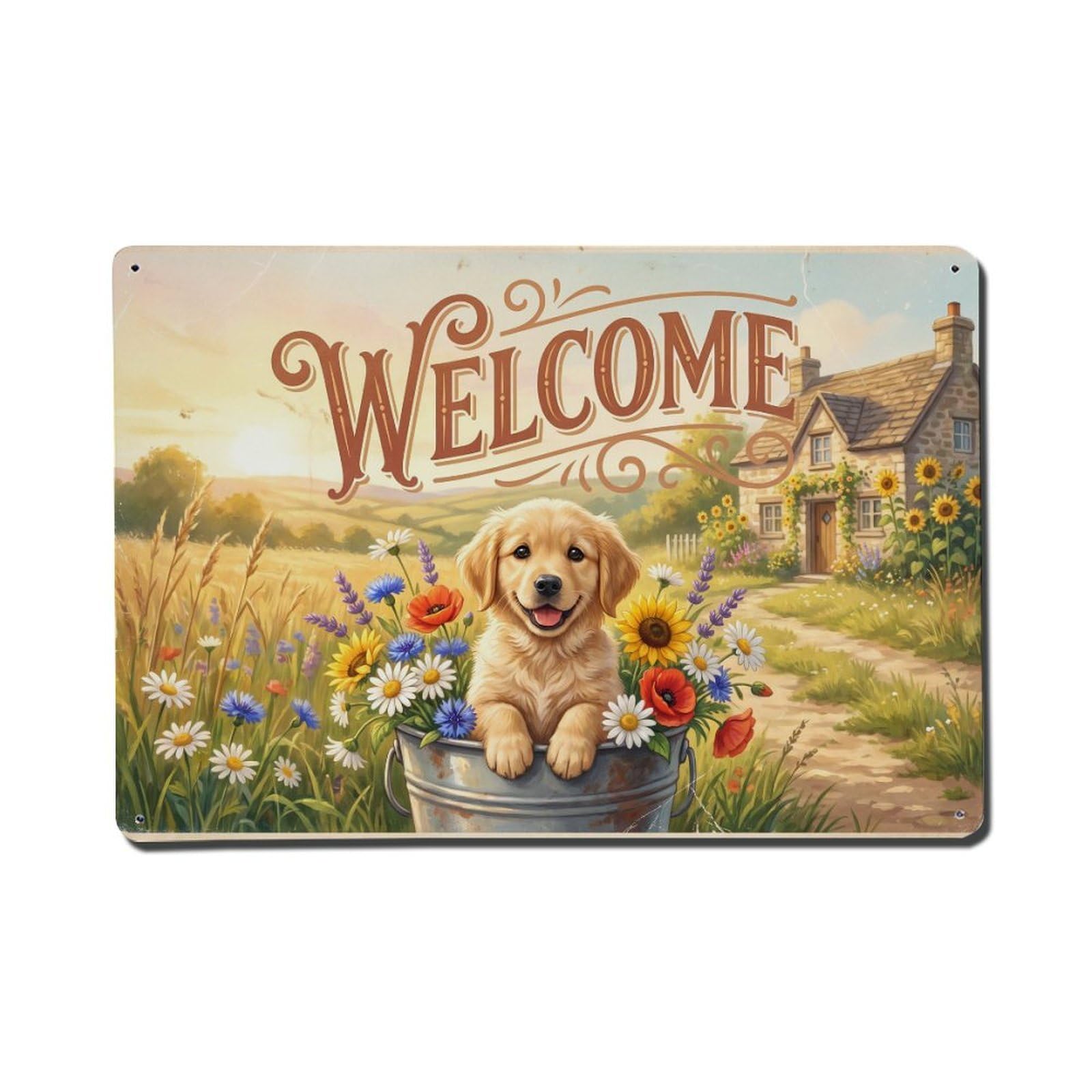 Vintage Welcome Puppy Golden Hour（1） Metal Tin Sign