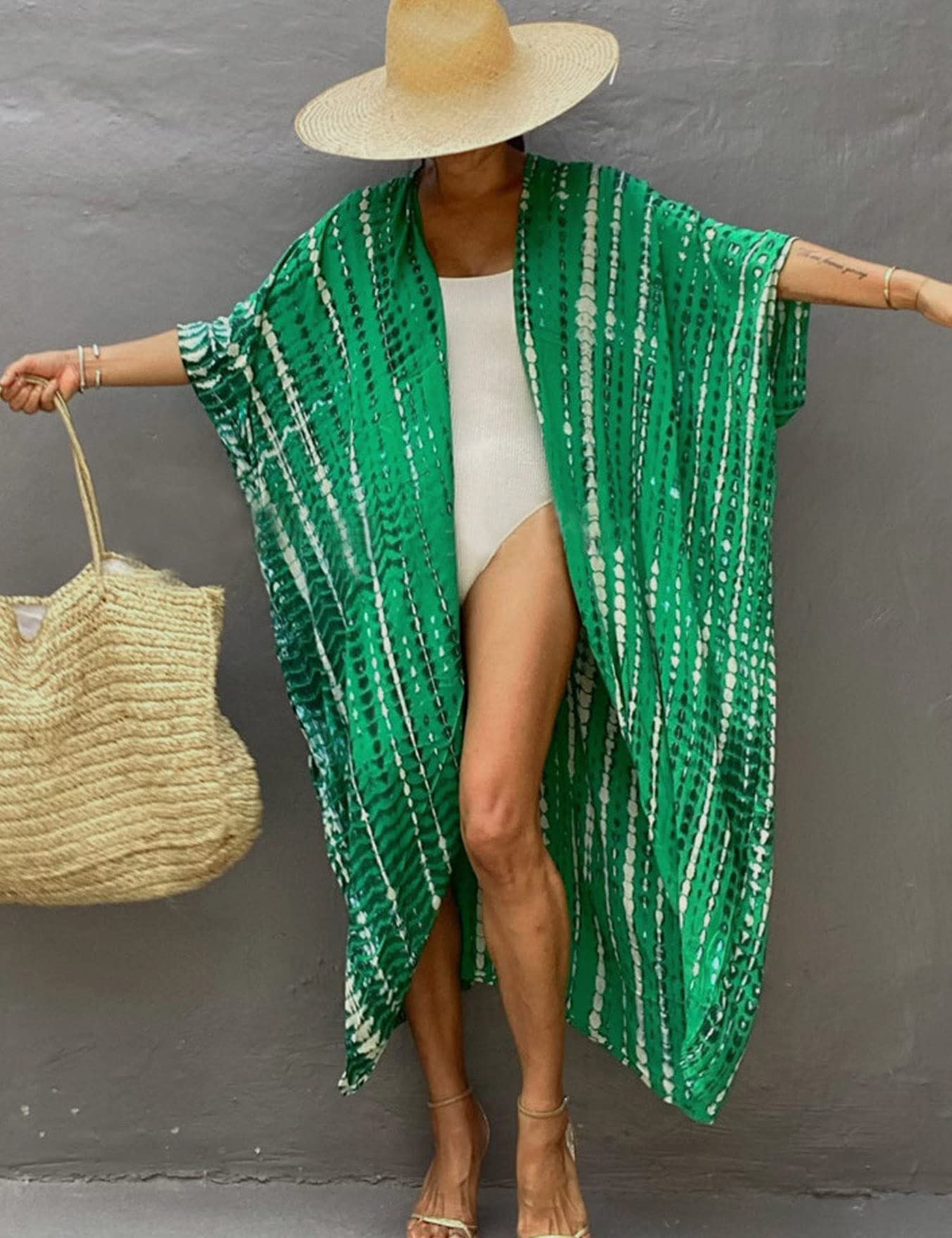 Mujer Kaftan Vestido de Playa Tie Dye Algodón Cárdigan Maxi Kimono Pareos y Camisola Camisas Playa Bohemia Boho Suelto Verano Traje de Baño Bikini Cover Up Talla Grande Elegante