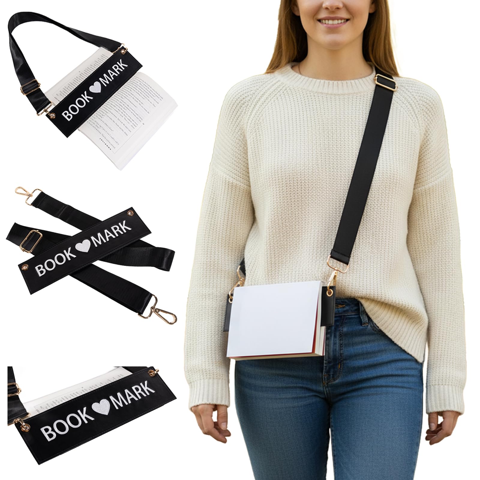 Detachable Strap Bookmark,Embroidered Leather Bookmarks for Women,Unique Cool Funnys Bookmarks Carrier for Women,Readers,Book Lovers (Black)