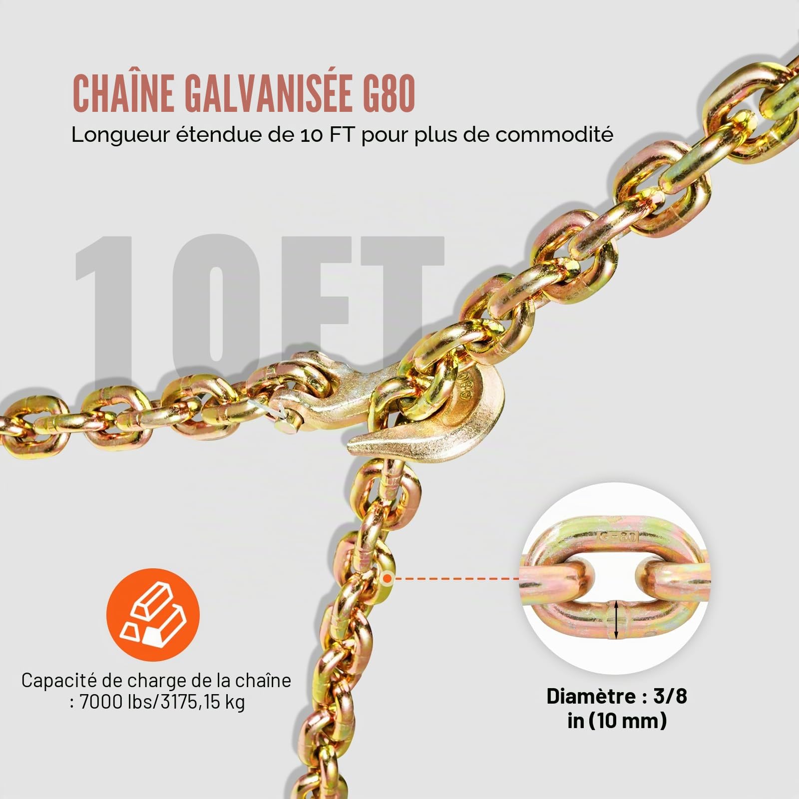 VEVOR Kit Tendeur à Cliquet pour Chaîne d'Arrimage 10-12,7 mm avec Chaîne G80 10 mm x 304,8 cm, Charge de Travail Sécurisée 4172 kg, Lot de 2, Crochets de Préhension, pour Camion, Transport, Remorque