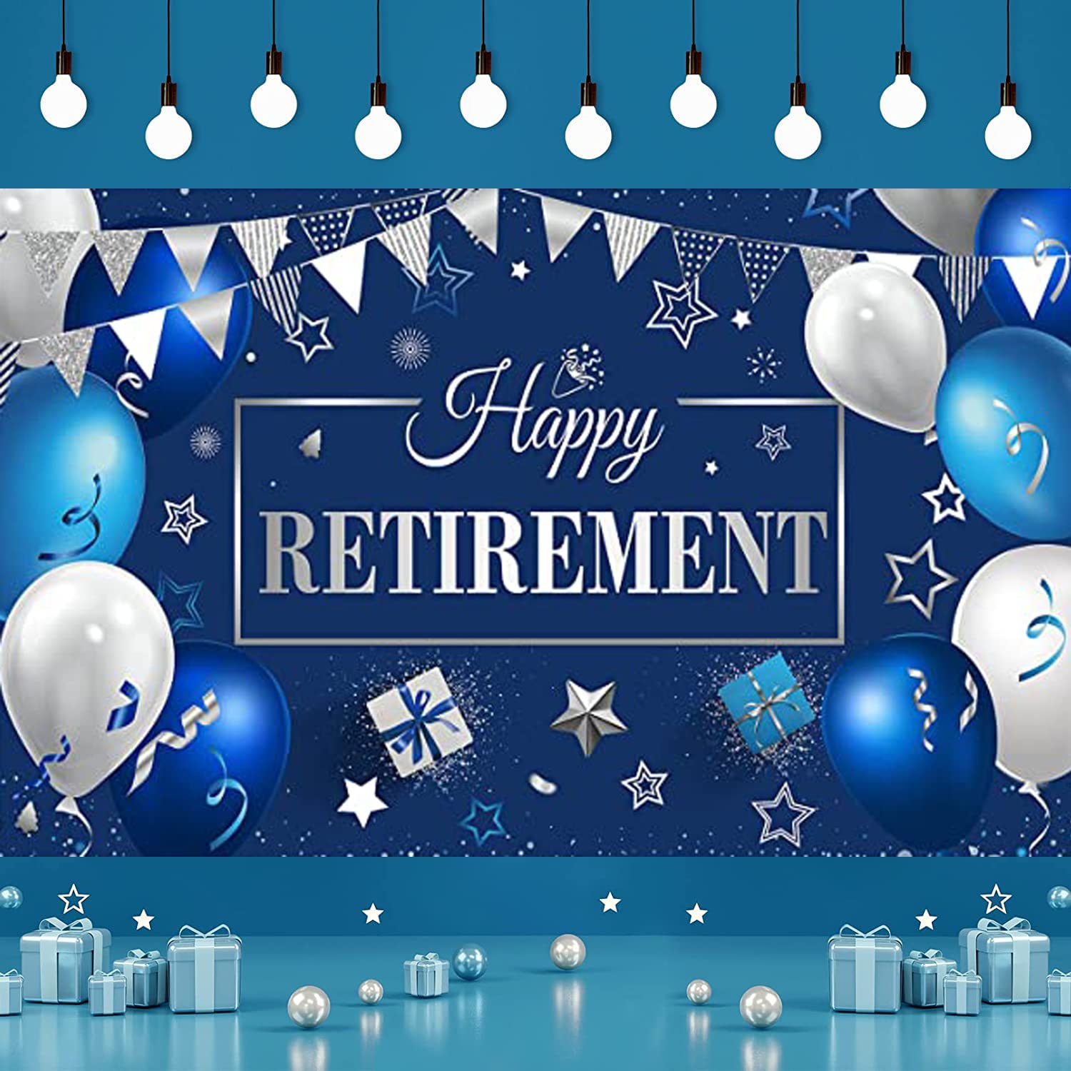 Happy Retirement Party Decorations, Extra Large Blue and Silver Happy Retirement Backdrop Banner Photo Booth Background with Rope for Retirement Party