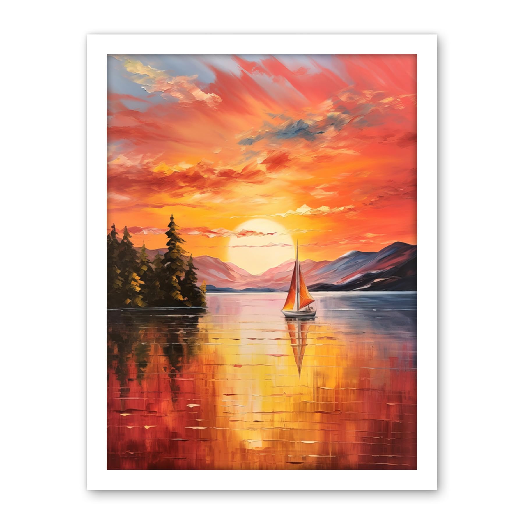 Artery8 Serene Lake Sunset Sailing Vibrant Oil Painting Sail Boat Lakeside Mountain Landscape Artwork Framed Wall Art Print 18X24 Inch