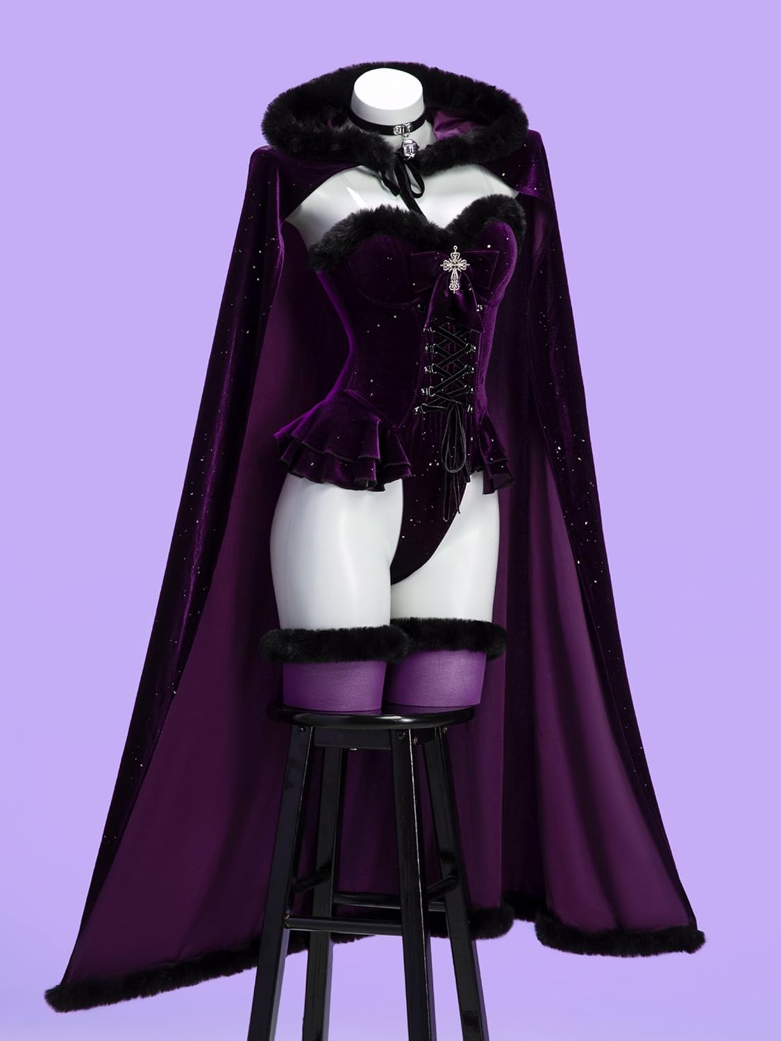 MEOWCOS Women's Bodysuit Queen Cosplay Costume Halloween Christmas Bodysuit Cape Set with Crown Cloak Gloves Socks