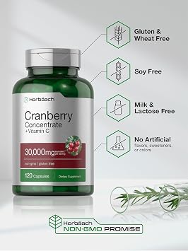 Horbaach Cranberry Concentrate Extract Pills + Vitamin C | 120 Capsules | Supplement for Women and Men | Triple Strength Ultimate Potency Formula | Non-GMO and Gluten Free