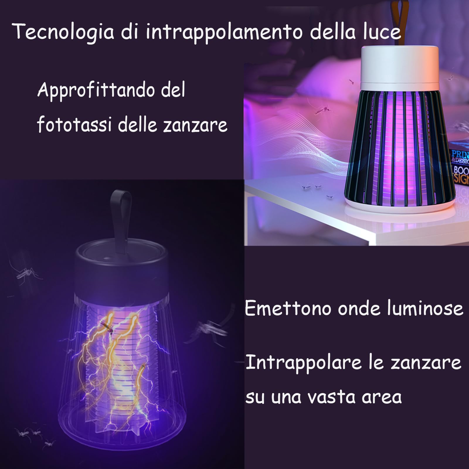 Zapfie Zanzare, Lampada Antizanzare Ricaricabile, Lampada Antizanzare Da Campeggio: Funzionamento Silenzioso, Senza Sostanze Chimiche, Trappola Per Zanzare Ricaricabile (Gris*2pcs)