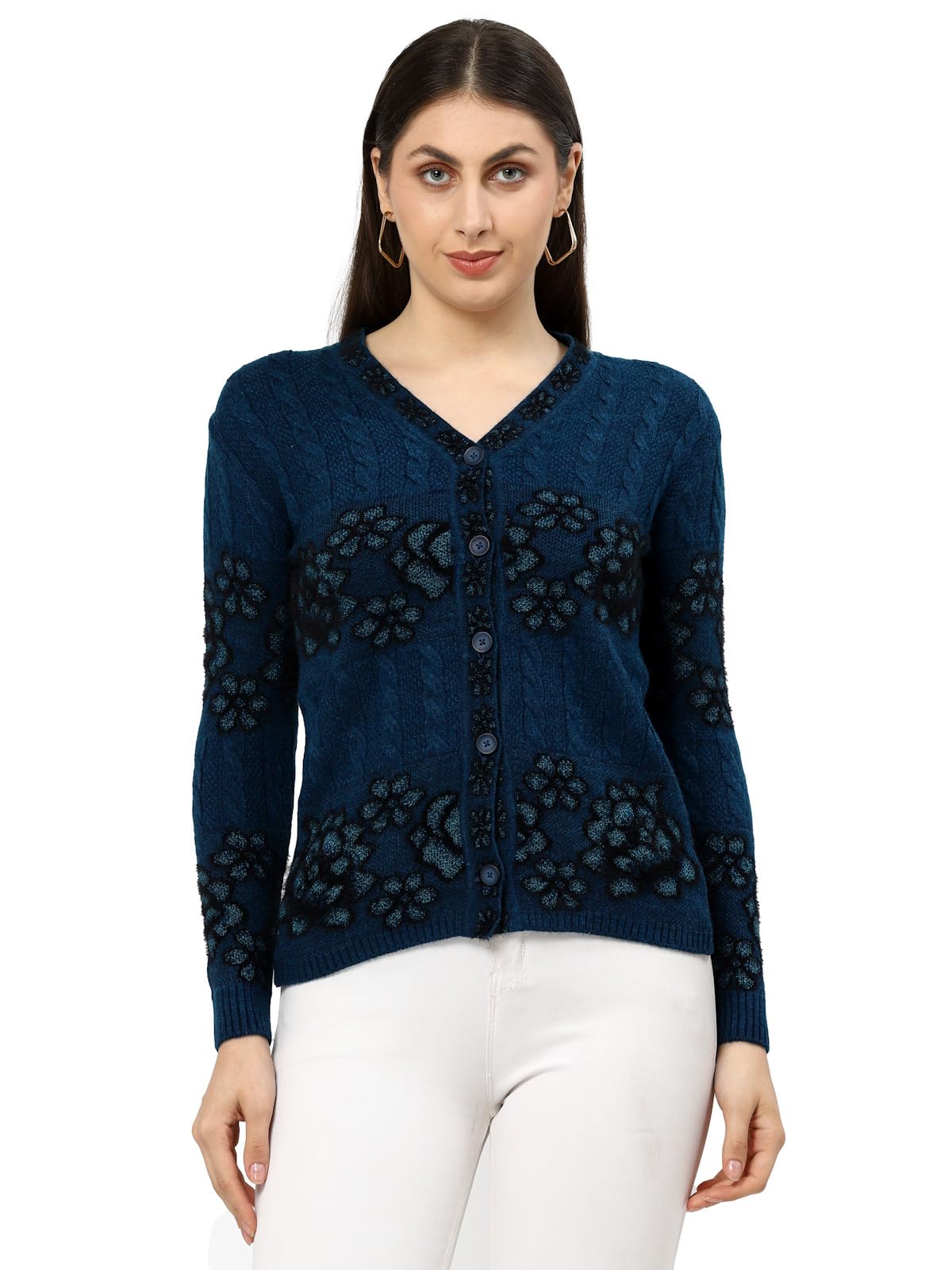 Women Full Sleeves V-Neck Floral Cable Design Cardigan Sweater-image-15