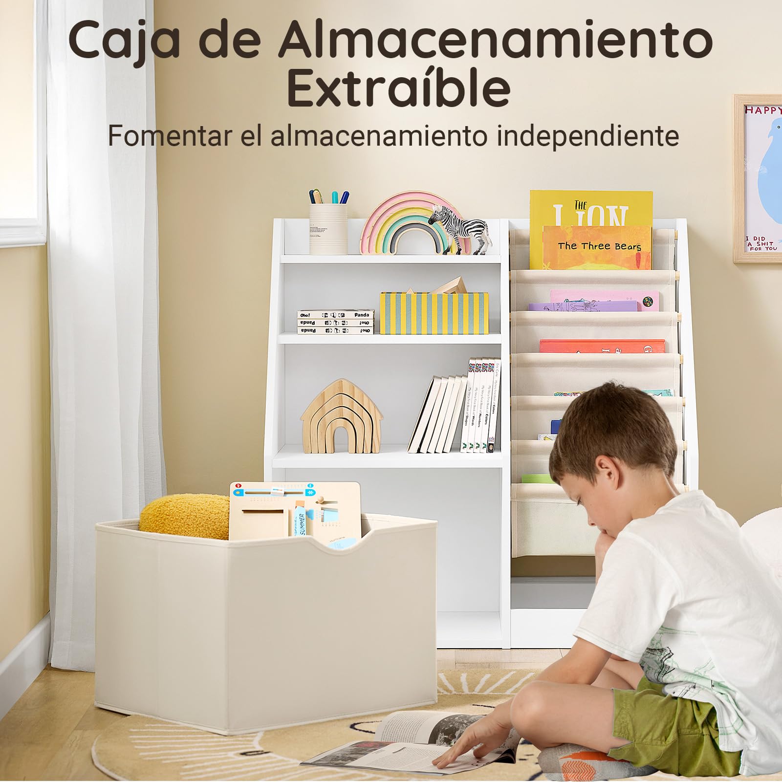 SoBuy Libreria Infantil Montessori con 6 Bolsillos Tela 80x40x80cm | Estanteria Libros Infantil con Almacenaje Juguetes, 3 Estantes y 1 Cajón de Tela, Mueble Infantil, Blanco, KMB119-W