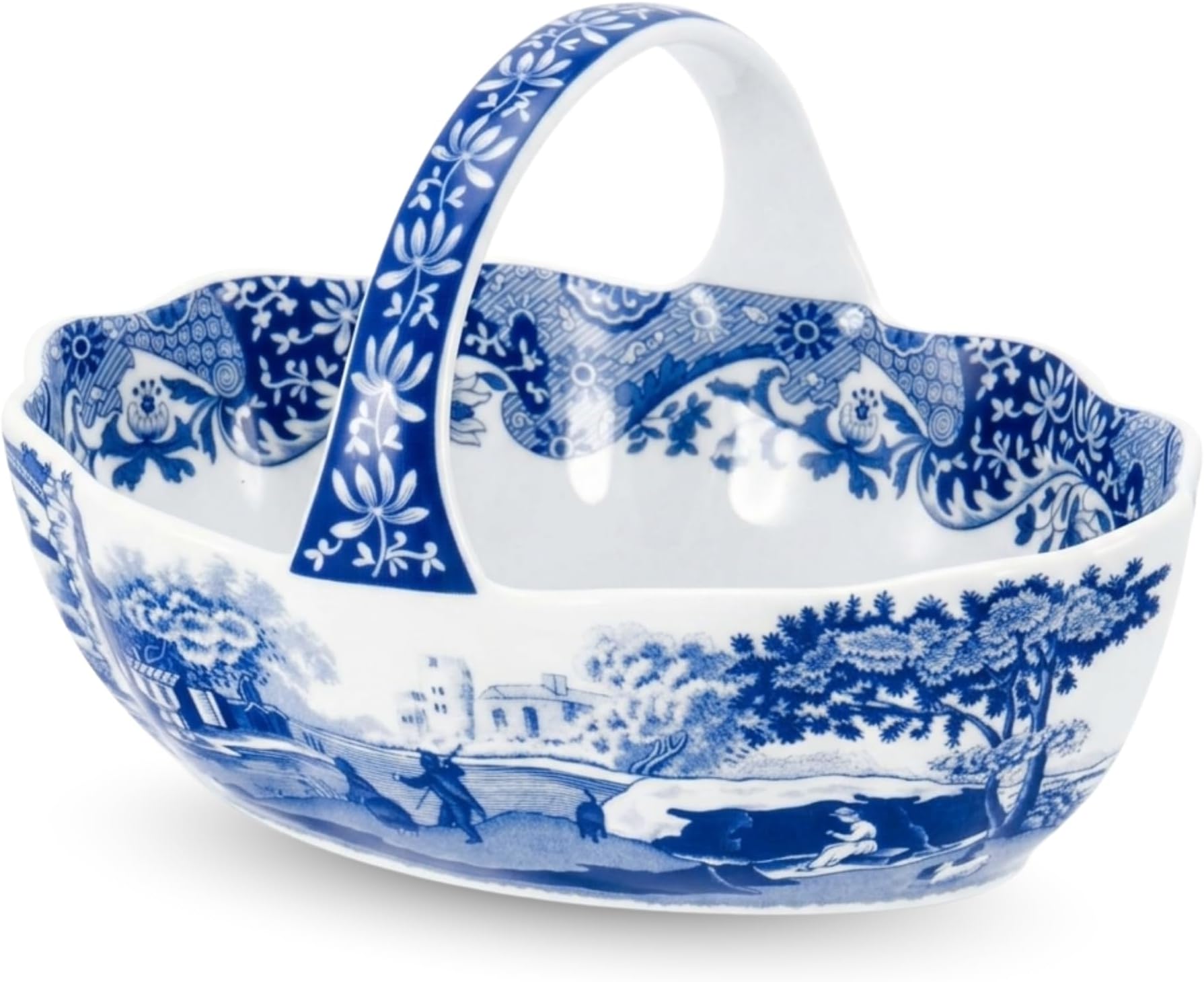 Spode Blue Italian Porcelain Handled Basket with Chip-Resistant Glaze - 6 Inch Decorative Serving Dish for Holiday Gift Giving, Hostess Presentation, Seasonal Table Accents