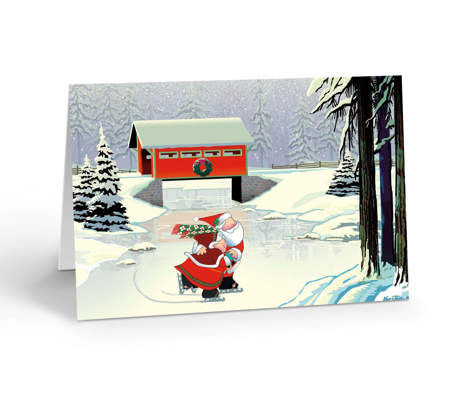 Stonehouse Collection Tarjetas de Navidad de Papá Noel y la Sra. Cláusula de patinaje sobre hielo | Tarjetas navideñas de bosque en un estanque congelado | Tarjetas de Navidad de puente cubierto rojo