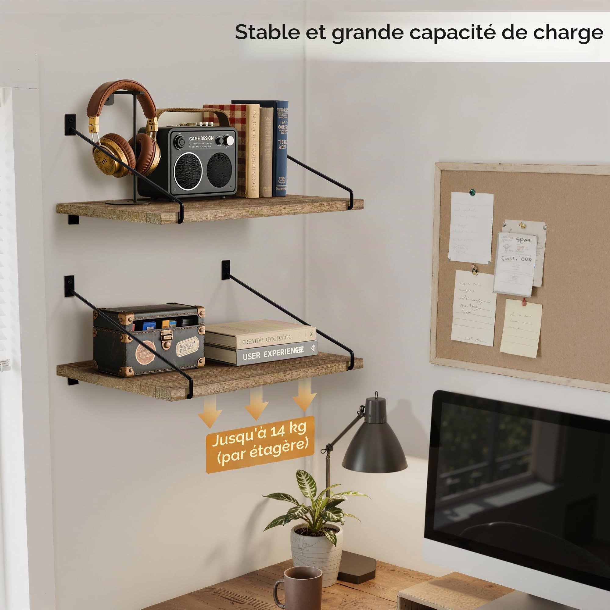 Étagères Murales Larges en Bois 40 x 30 cm Flottantes, Lot de 2 | Grandes étagères flottantes en bois, style rustique, rangement et déco, cuisine, salle de bain, chambre, salon et couloir