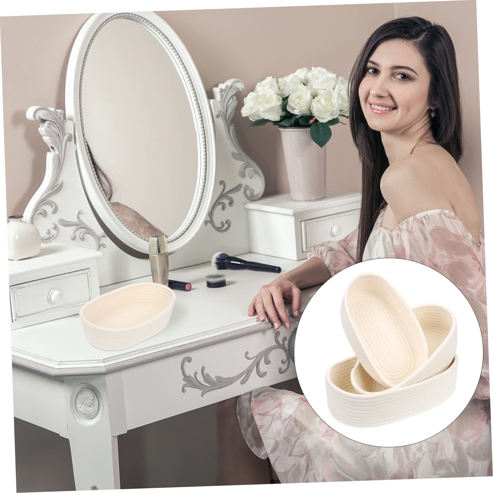 KOMBIUDA Cesta de Almacenamiento Tejida de Algodón Color Marfil 3 Piezas | Contenedor de Mesa, Soporte Autoestable, Suave y Resistente, para Guardado de Juguetes y Uso en Cubículos