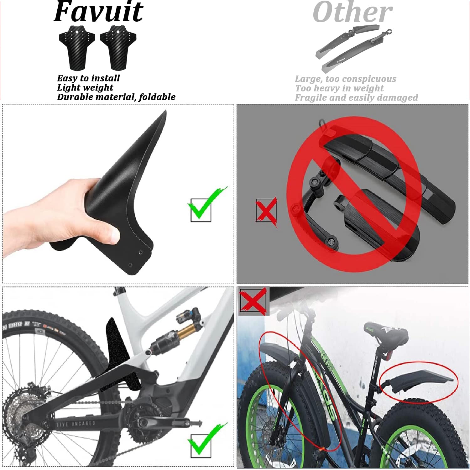 Favuit Parafanghi Per Mountain Bike - Set Anteriore E Posteriore Universale, 25g, In PP, Regolabile Con Fascette, Per Ruote 20-29 Pollici - 2